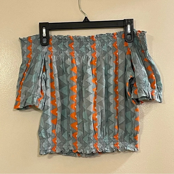 FEATHERBONE by ANTHROPOLOGIE Demetria Off the Shoulder Top in Orange Motif - Picture 5 of 8